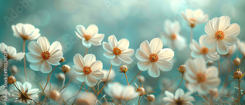 Beautiful White Cosmos Flowers Blooming in Field With Blue Background, Beautiful White Cosmos Flowers Blooming in Field With Blue Backg