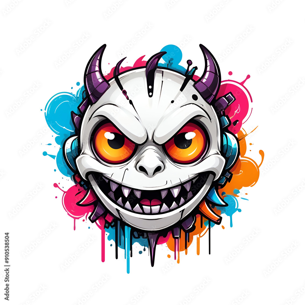 Fototapeta premium A cartoonish face with horns and a mouth full of teeth