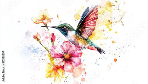 Fototapeta Naklejka Na Ścianę i Meble -  Watercolor hummingbird with flowers tattoo design, white background