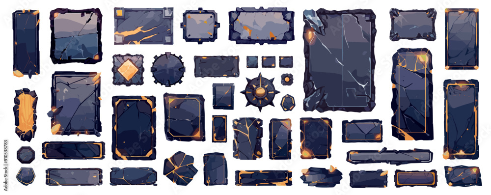 Cartoon stone game UI set. Magic fantasy menu boards tablets buttons frames, rocky interface elements vector illustration