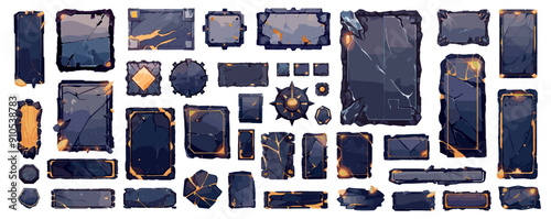 Cartoon stone game UI set. Magic fantasy menu boards tablets buttons frames, rocky interface elements vector illustration
