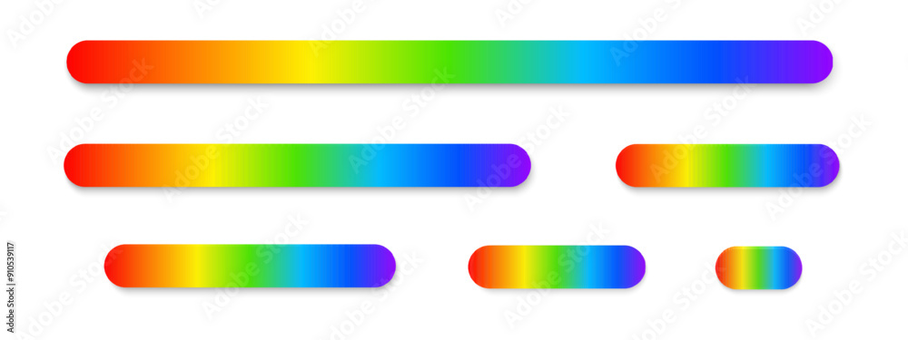 Set of buttons with light spectrum print. Different lengths lines with ultraviolet colors. Multicolored wavelengths. Colorful rainbow borders isolated on white background. Vector illustration. Set of buttons with light spectrum print. Different lengths lines with ultraviolet colors. Multicolored wavelengths. Colorful rainbow borders isolated on white background. Vector illustration.