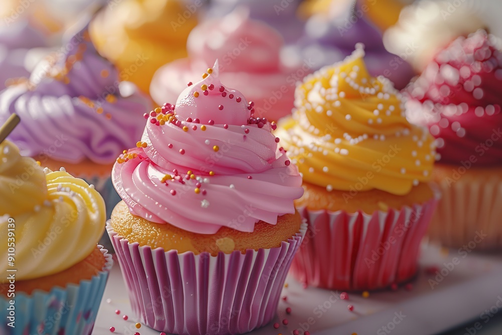 Close-up of Colorful Cupcakes with Sprinkles