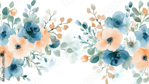 Fototapeta Naklejka Na Ścianę i Meble -  watercolor floral borders, white background, blue and peach...