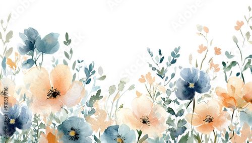 Fototapeta Naklejka Na Ścianę i Meble -  watercolor floral borders, white background, blue and peach...