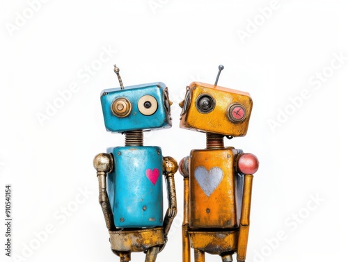 Two vintage robots with heart symbols displaying affection and love, embodying retro charm and companionship