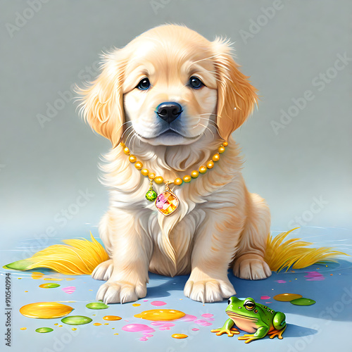 stylish goldern retriever puppy and his buddy, the green frog photo