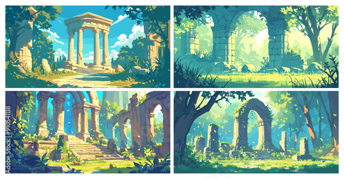Cartoon temple ruins set. Ancient greek or roman architecture in forest landscape, stone cracked columns and arches vector illustration