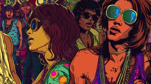 The image captures the vibrant essence of the 1970s disco era, showcasing hippies and other subcultures with iconic fashion, colorful outfits, and lively atmosphere.