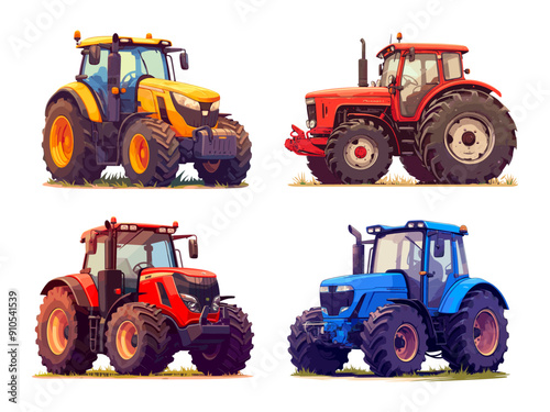 Cartoon tractor set. Agriculture equipment transport, farm harvest vehicle, rural farmland machinery vector illustration