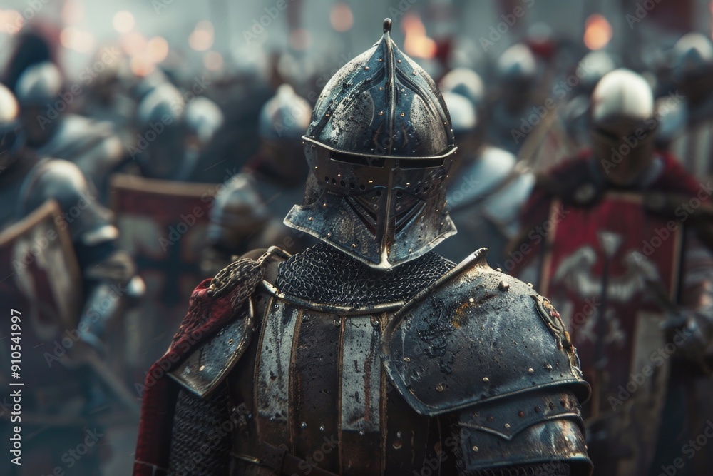 A large group of medieval warriors dressed in armor, ready for battle A large group of medieval warriors dressed in armor, ready for battle