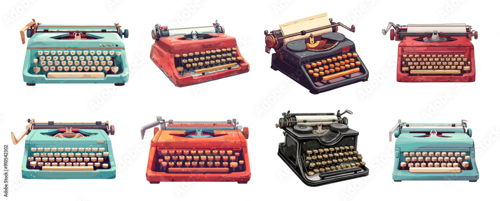 Cartoon typewriter set. Retro keyboard machine, old vintage journalist equipment, message print writer vector illustration