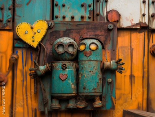 Rusty robots holding yellow heart in vibrant urban setting symbolizing love, companionship, vintage charm