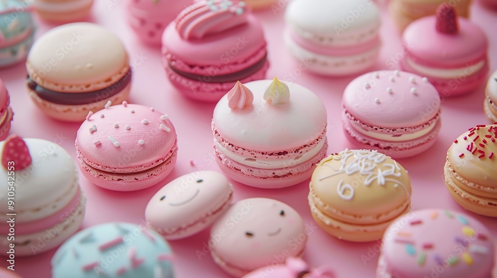 Fototapeta premium Assortment of Colorful Macarons on Pink Background