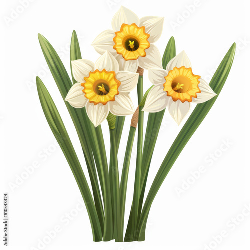 Illustration of daffodil flowers with yellow centers and white petals, green leaves, and stems on a white background.