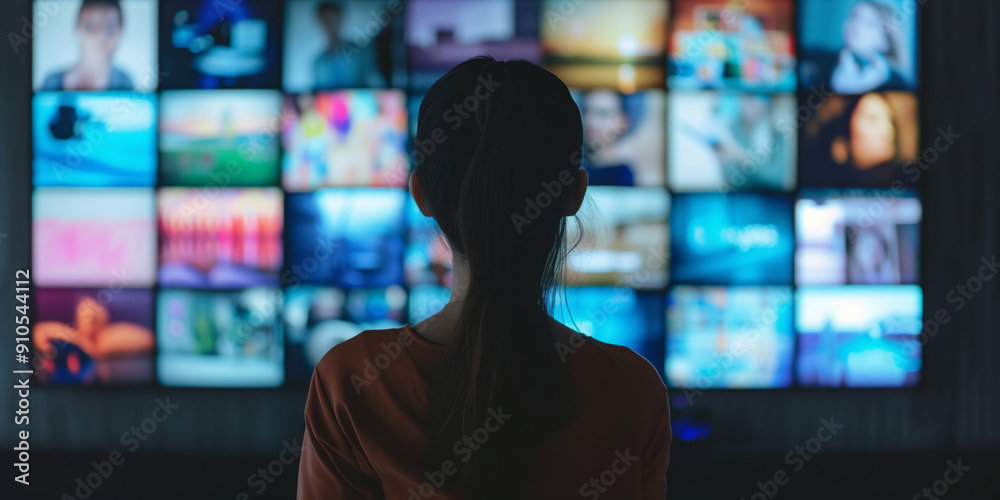 Woman standing in front of TV wall, displaying many streaming channels and online media.