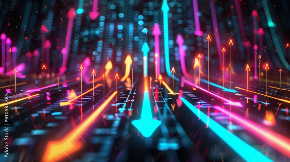 Futuristic abstract background with bright neon-colored data arrows representing growth, highly suitable for wallpaper or striking abstract visualization Futuristic abstract background with bright neon-colored data arrows representing growth, highly suitable for wallpaper or striking abstract visualization