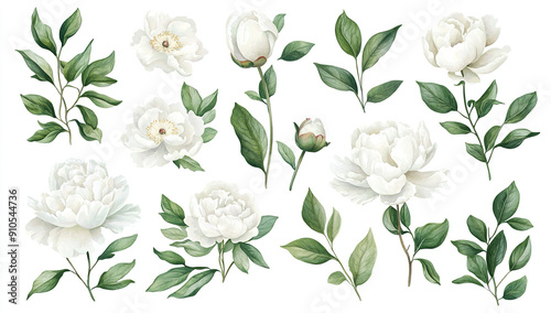 Fototapeta Naklejka Na Ścianę i Meble -  Set of white and green floral elements, peonies, magnolia leaves,...