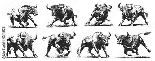 Engraving bull set. Hand drawn angry buffalo power mascot, danger horn taurus dynamic pose vector illustration