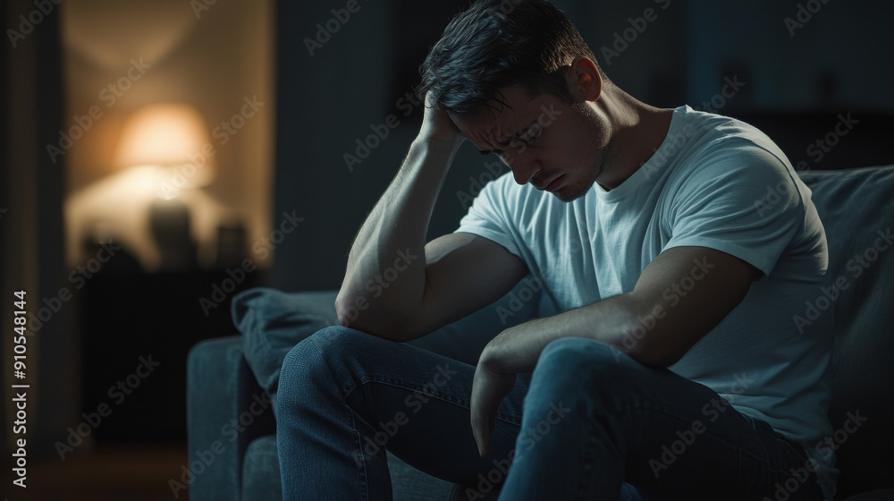A Caucasian man sitting on a couch with his head resting on his hand, looking down, portraying emotional distress and the importance of supporting men's mental health.
A Caucasian man sitting on a couch with his head resting on his hand, looking down, portraying emotional distress and the importance of supporting men's mental health.