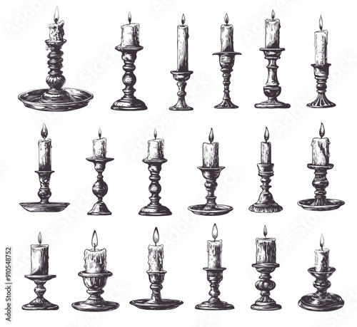 Hand drawn candle holder set. Engraving vintage bronze candlestick with burning wax candlelight, retro lamp vector illustration