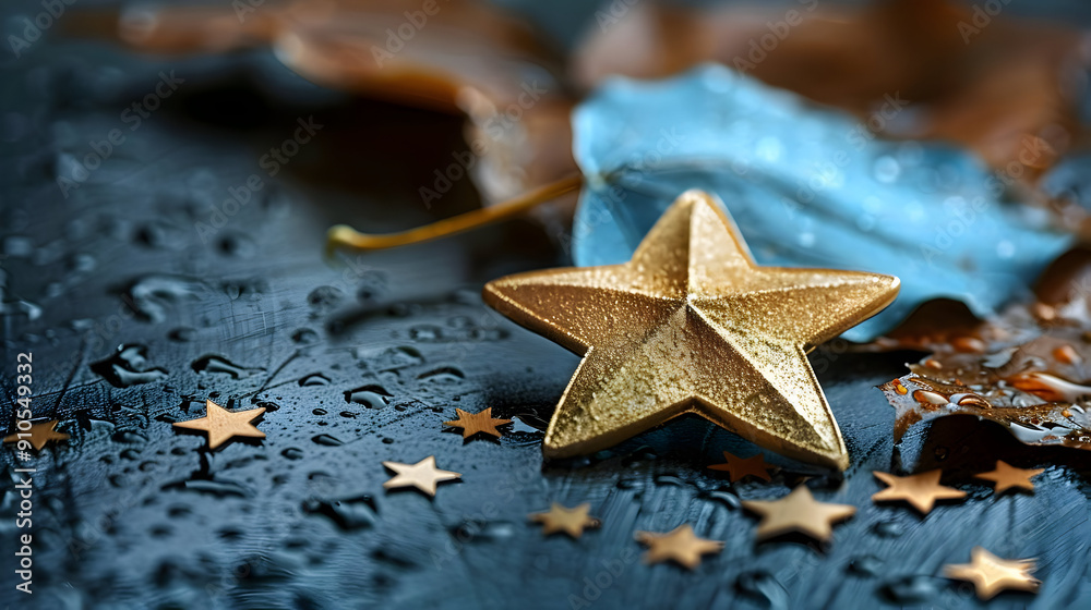 Golden Star on a Wet Black Background with Autumn Leaves Illustration Golden Star on a Wet Black Background with Autumn Leaves Illustration