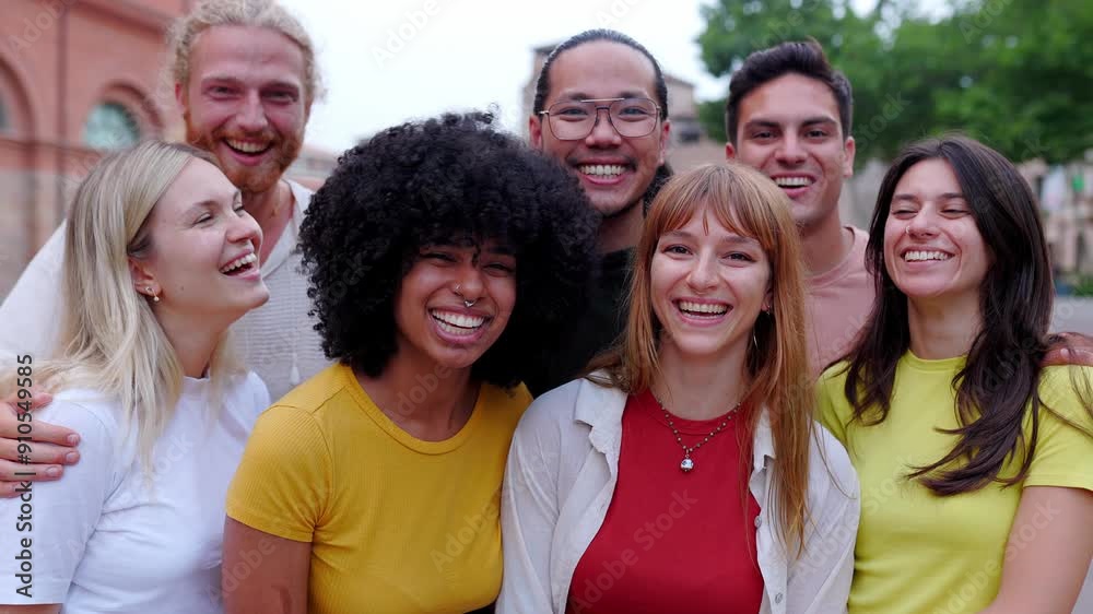 Portrait group of diverse young friends smiling at camera at city street. Multiracial millennial student people showing unity standing together outside. Youth community and friendship concept. Portrait group of diverse young friends smiling at camera at city street. Multiracial millennial student people showing unity standing together outside. Youth community and friendship concept.
