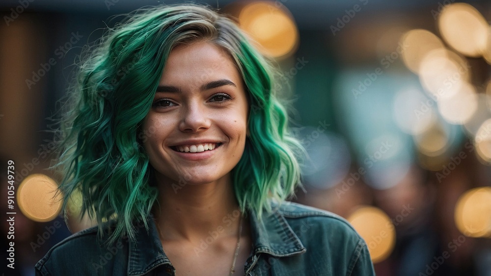 Young Woman With Vibrant Green Hair Smiling in a Lively Urban Setting During Evening Hours Young Woman With Vibrant Green Hair Smiling in a Lively Urban Setting During Evening Hours