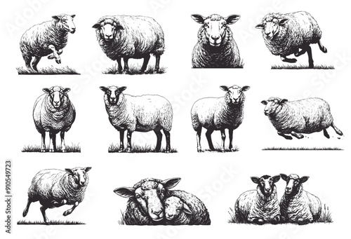 Hand drawn sheeps set. Monochrome engraving wool farm animal poses, country mammal, lamb vector illustration