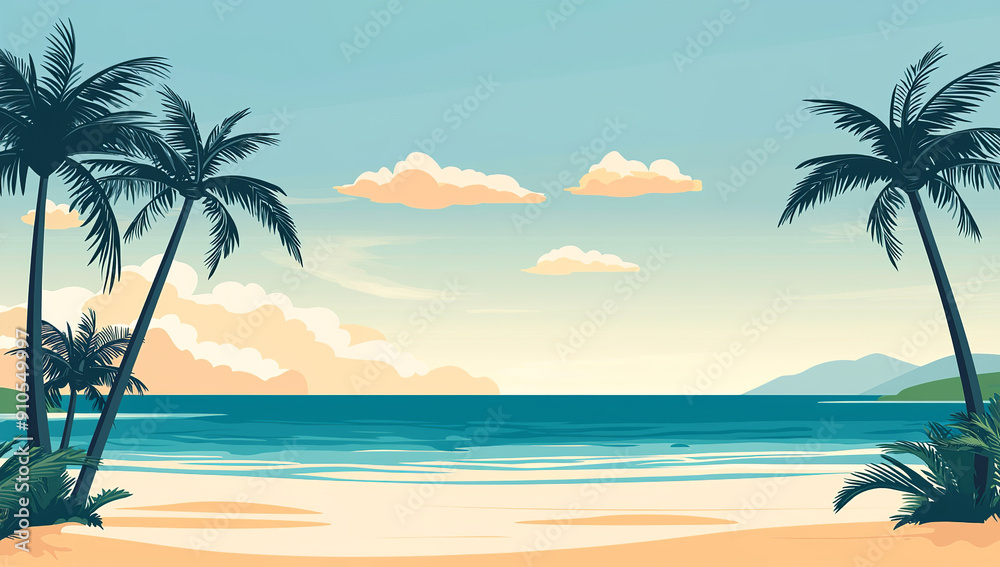 Beach with palm trees and sea landscape background flat vector... Beach with palm trees and sea landscape background flat vector...