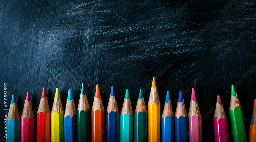 olorful pencils, erasers, and markers neatly arranged in front of a blank blackboard, ready for a creative classroom session olorful pencils, erasers, and markers neatly arranged in front of a blank blackboard, ready for a creative classroom session
