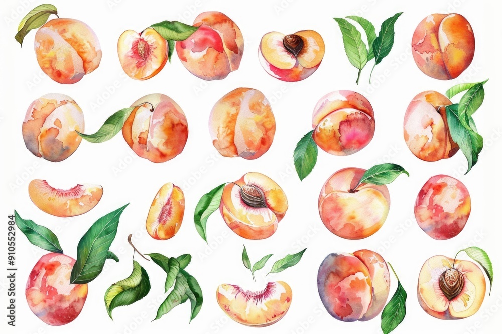 Fresh peaches with green leaves and a sliced piece, perfect for snacking or decorating