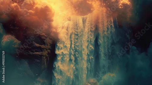 The image features a waterfall styled like interstellar nebulae, with a striking redscale effect that gives the scene a cosmic and otherworldly appearance. photo