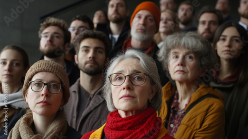 a group of 20 people, mostly caucasian, ages 20 to 65, looking into the camera