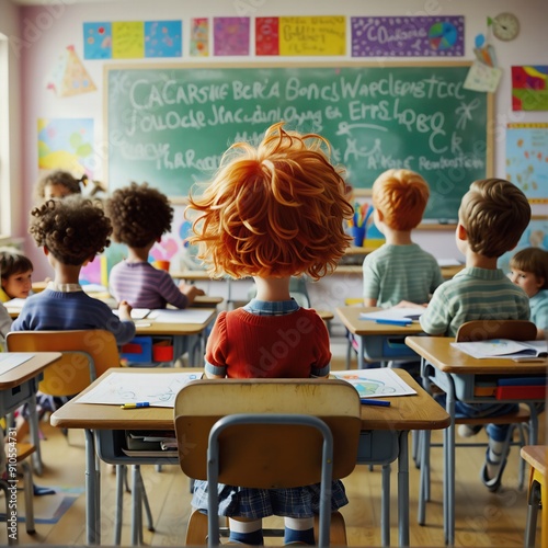 Niña con TDAH o Trastorno por Déficit de Atención e Hiperactividad en la escuela. Se ve con el cabello despeinado y con dificultades en el aprendizaje. 