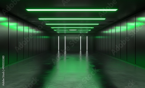 A 3D rendering of a server room corridor with beautiful neon lighting and glass covered racks for supercomputers.