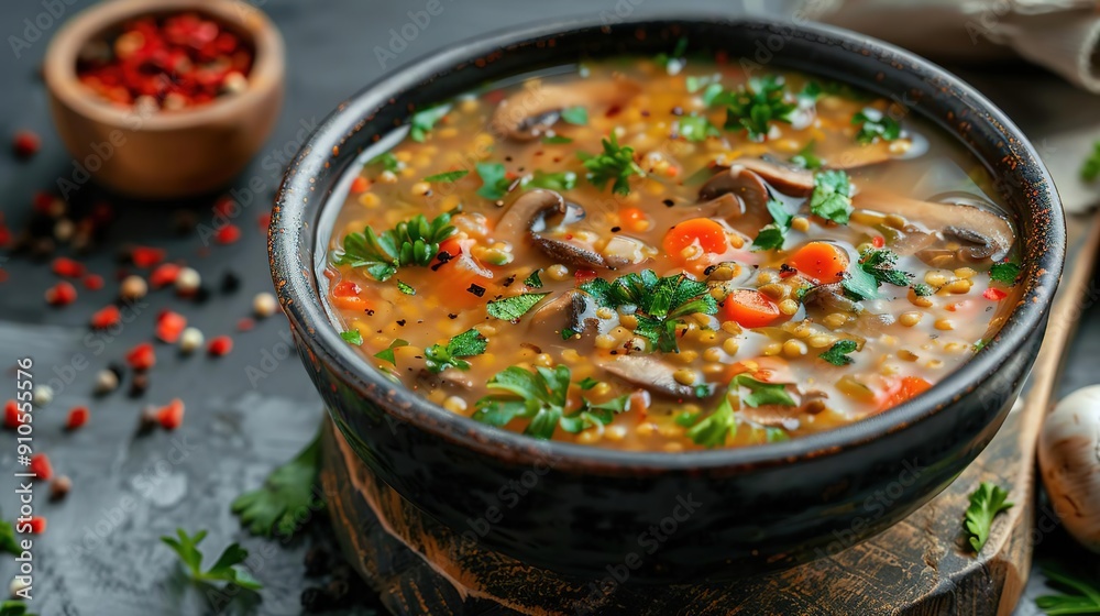 Mushroom Lentil Soup in a Black Bowl - Food Photography Mushroom Lentil Soup in a Black Bowl - Food Photography