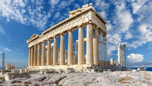 Sunrise on ancient Greek temple ruins