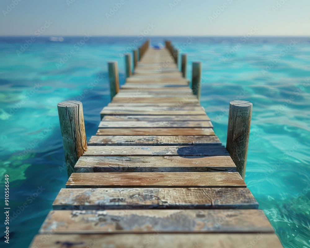 Fototapeta premium Tranquil Wooden Pier Extending Into Crystal Clear Turquoise Waters, Serene Waterfront Landscape, Peaceful Ocean Scene, Calm Sea, Summer Vacation, Tropical Paradise, Beach Getaway, Vacation