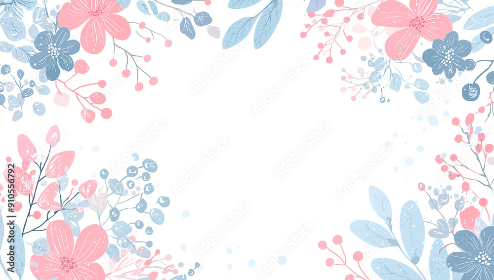 A white background with pastel pink and blue floral borders, vector... A white background with pastel pink and blue floral borders, vector...