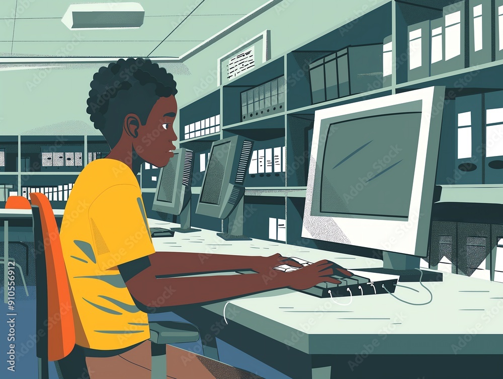 Illustration of a student typing on a computer in a school library Illustration of a student typing on a computer in a school library