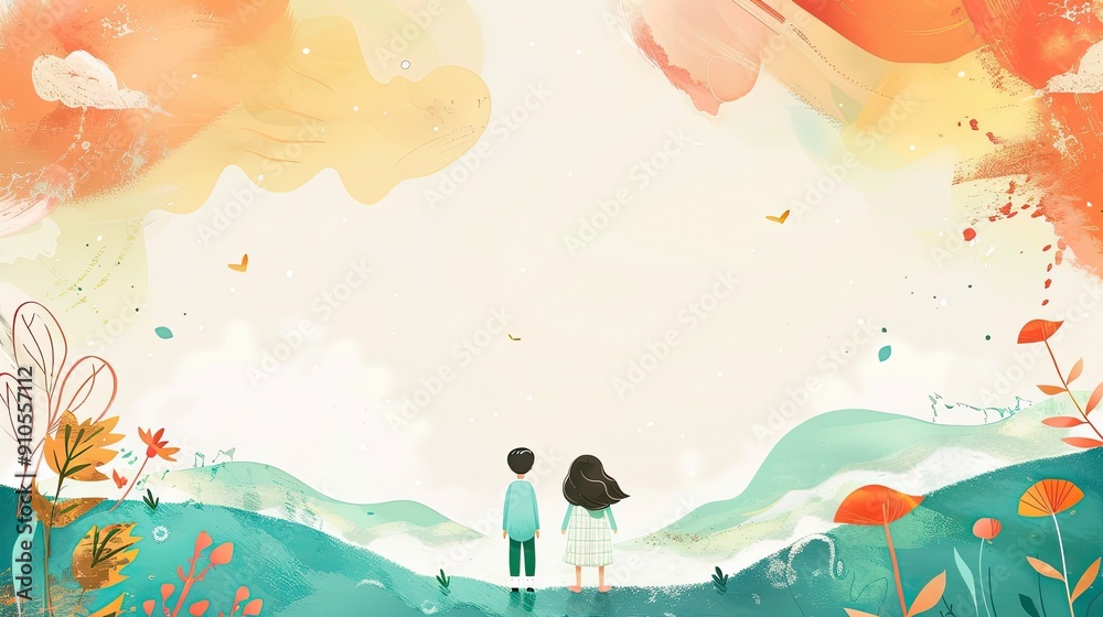 Children standing on colorful hill, looking at dreamy abstract sky, digital illustration, children, background concept Children standing on colorful hill, looking at dreamy abstract sky, digital illustration, children, background concept