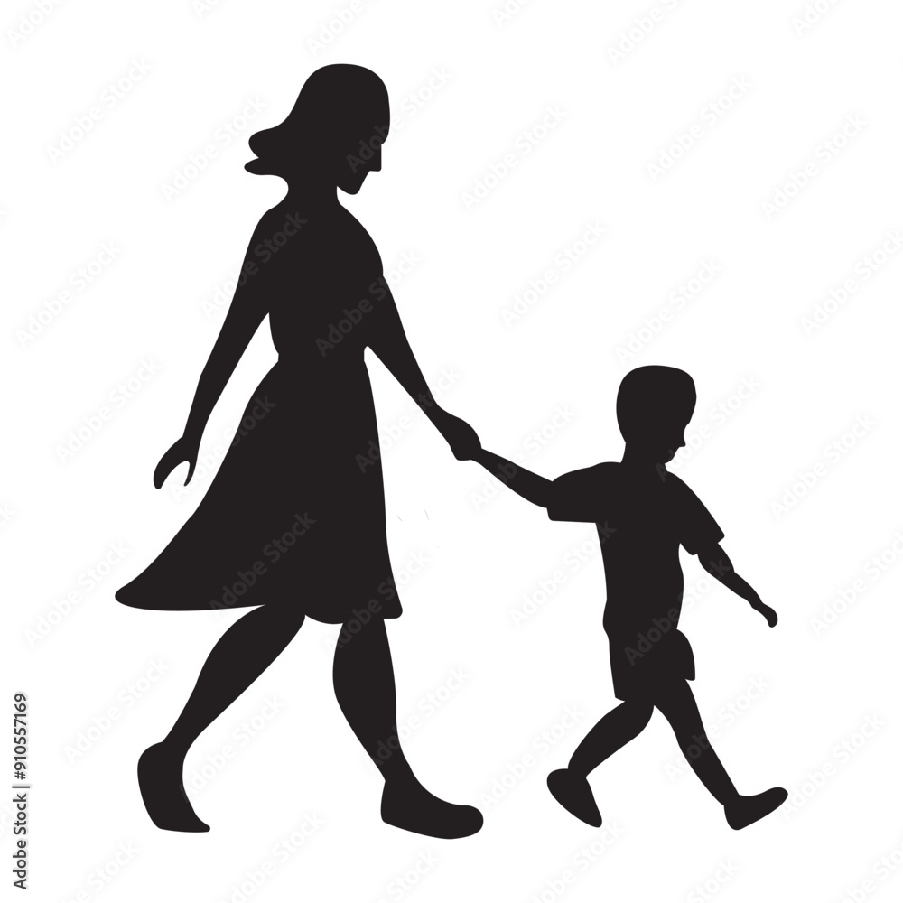 young boy walking by the hand of his mother silhouette , black vector illustration. young boy walking by the hand of his mother silhouette , black vector illustration.