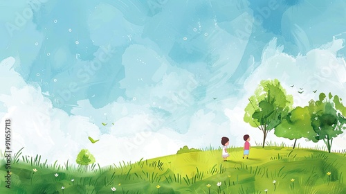 Children playing on grassy hill under blue sky with trees, birds in background, wallpaper, nature backdrop concept