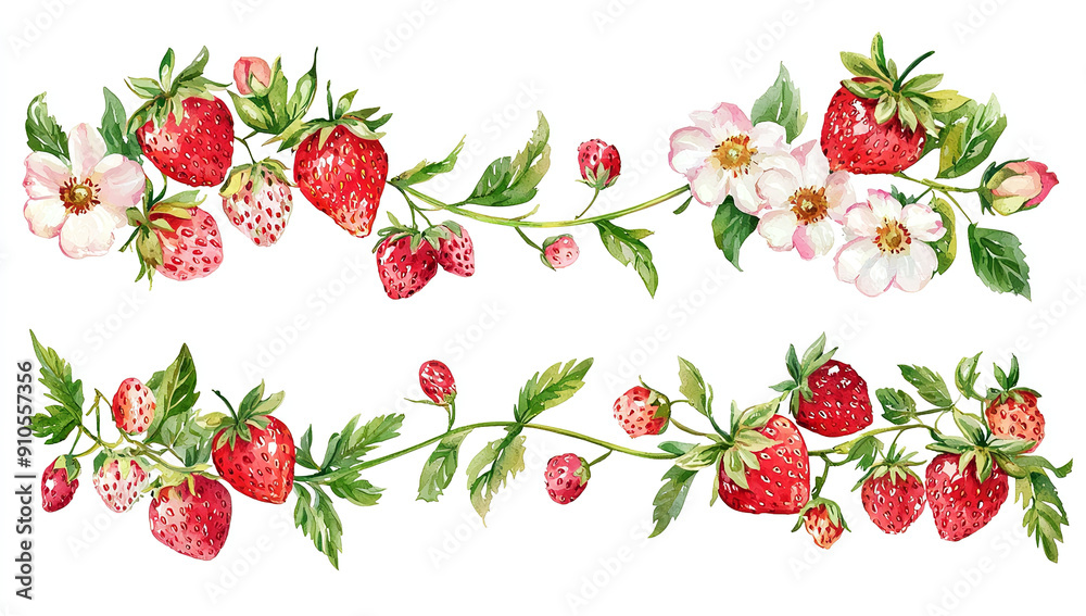A set of strawberry border clip art with flowers and leaves on the... A set of strawberry border clip art with flowers and leaves on the...