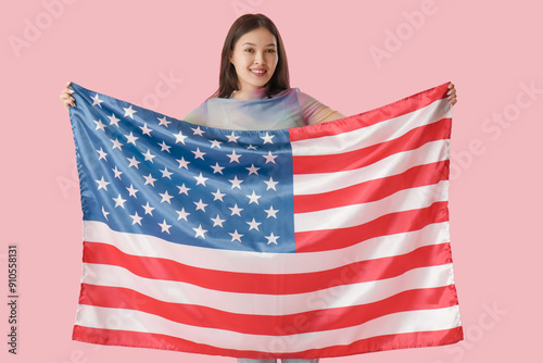 Young Asian woman with flag...