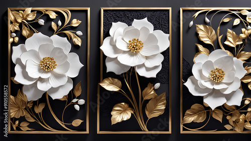 Elegant 3D Floral Wall Art Panels: White and Gold Flowers on Dark Background photo