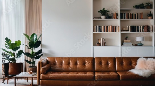 Contemporary Living Room With Brown Leather Couch and Bookshelves