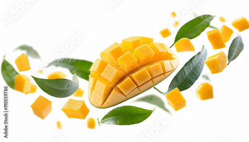 mangos with half slices mango falling or flying in the air with green leaves isolated on white background.
