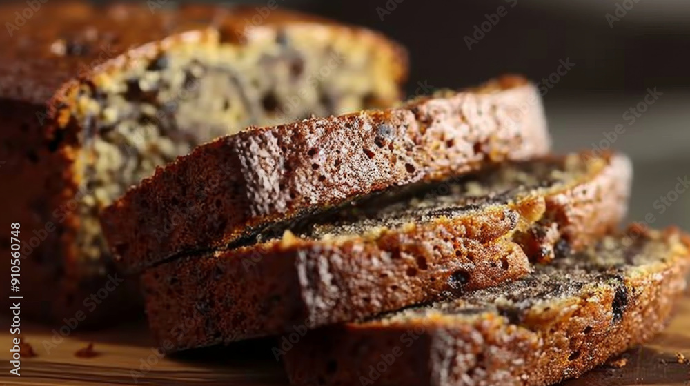 Close-up of freshly sliced banana bread on a wooden board, highlighting its moist texture and delicious flavor. Close-up of freshly sliced banana bread on a wooden board, highlighting its moist texture and delicious flavor.